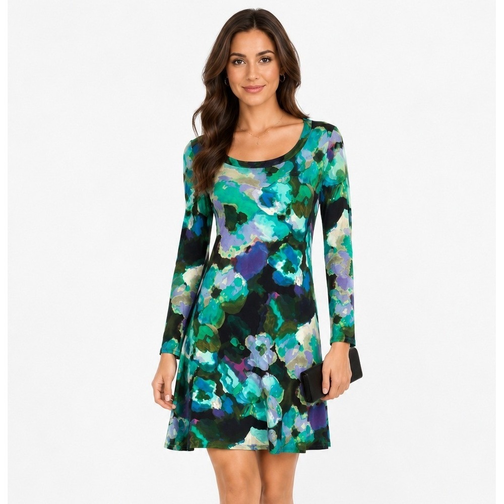 Cupio Floral Print Long Sleeve Scoop Neck Stretch Pullover Mini Dress Size Small